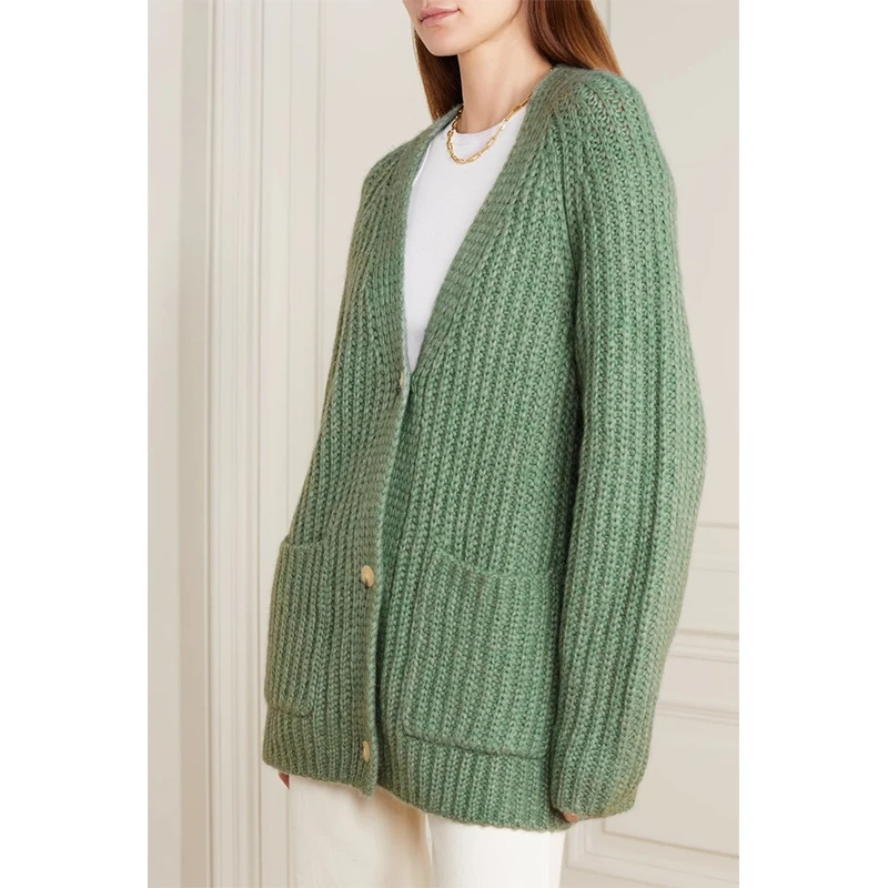 Вязаный женский пуловер однотонный с V-образным вырезом Повседневный свободный женский свитер кардиган 
Вязаный женский пуловер однотонный с V-образным вырезом Повседневный свободный женский свитер кардиган