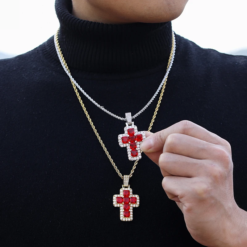 

Hiphop Iced Out Red Baguette Cross Necklace AAA Zircon Micro Necklace Cuban Chain for Men Choker Jewlery Punk Accessories