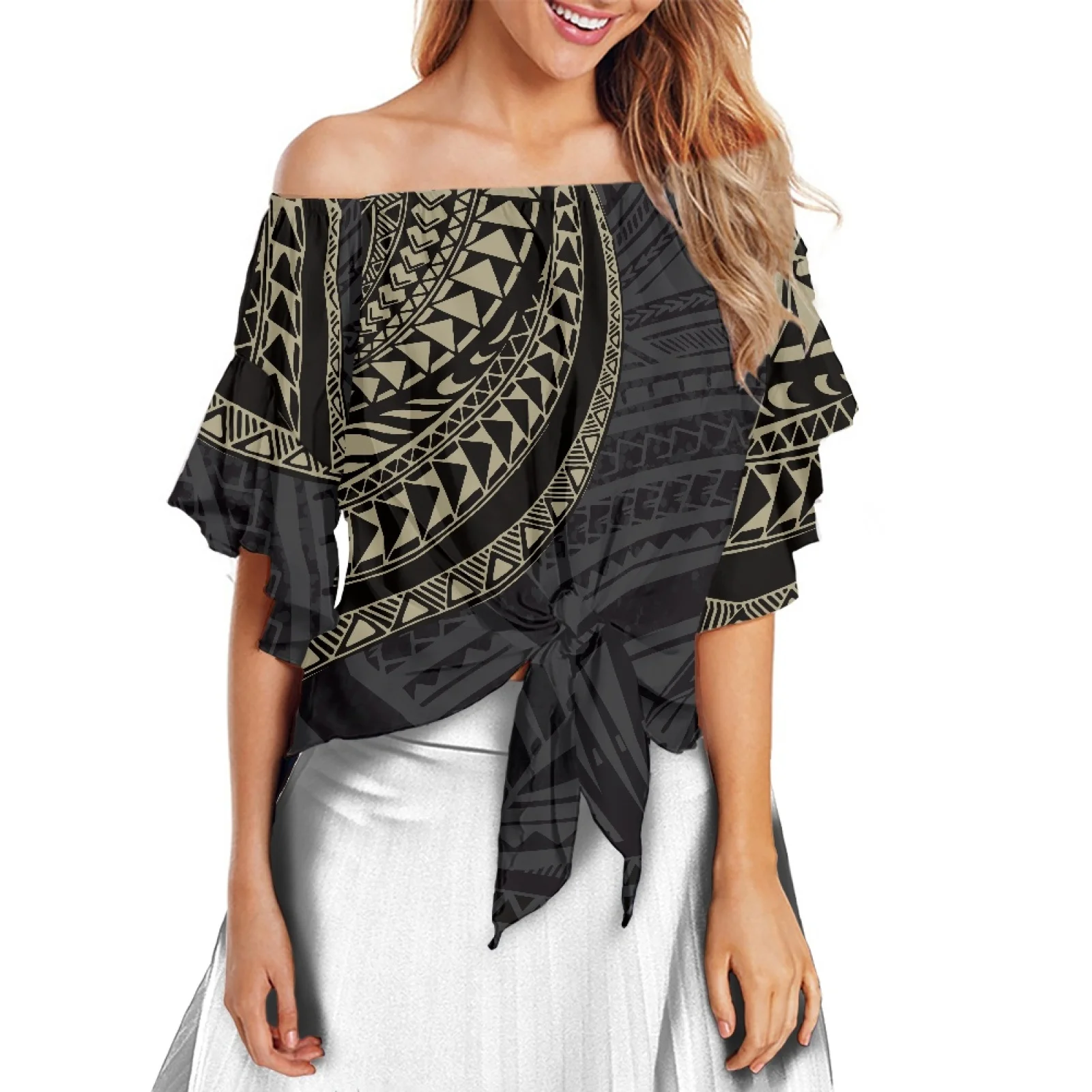 Polynesia Elegant Flare Sleeve Stylish Soft Vintage Blouses Womenl Tattoo Print Ethnic Style Off Shoulder Women Shirt
Polynesia Elegant Flare Sleeve Stylish Soft Vintage Blouses Womenl Tattoo Print Ethnic Style Off Shoulder Women Shirt