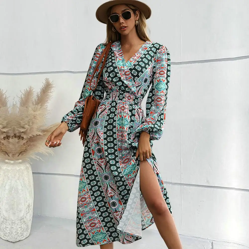 Autumn Winter Women Dress Fashion Print V Neck Puff Sleeve Streetwear Bohemian A-Line Slit Midi Dress for Daily Wear
Autumn Winter Women Dress Fashion Print V Neck Puff Sleeve Streetwear Bohemian A-Line Slit Midi Dress for Daily Wear