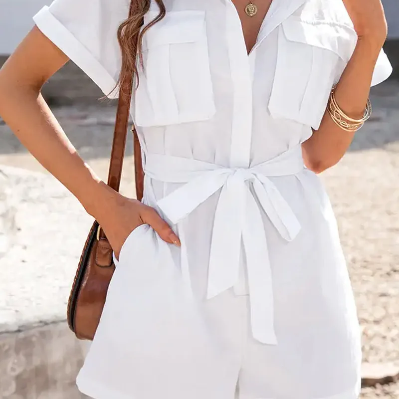 Женские брюки-комбинезон с карманами и высокой талией, однотонная уличная одежда с воротником-рубашкой, белый повседневный комбинезон с коротким рукавом, лето 2023
Женские брюки-комбинезон с карманами и высокой талией, однотонная уличная одежда с воротником-рубашкой, белый повседневный комбинезон с коротким рукавом, лето 2023