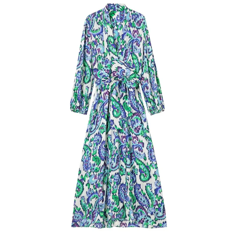 New autumn women's clothing lapel long sleeves belt print dress V-neck slim waist long skirt
New autumn women's clothing lapel long sleeves belt print dress V-neck slim waist long skirt