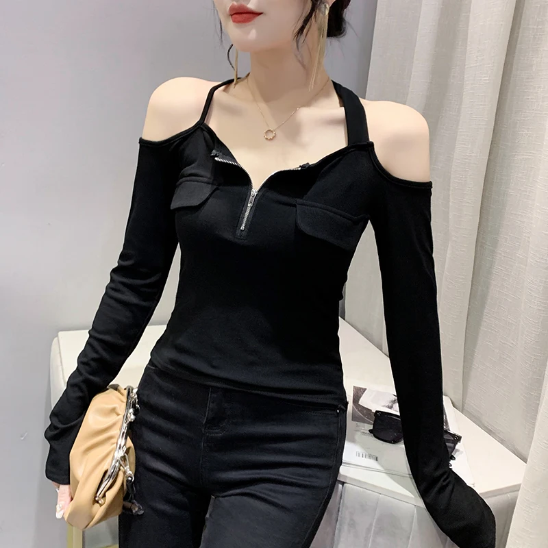 Fall Winter European Clothes Cotton Short T-Shirt Sexy Slash Neck Off Shoulder Zipper Women Tops Long Sleeve 2022 Tees 9129
Fall Winter European Clothes Cotton Short T-Shirt Sexy Slash Neck Off Shoulder Zipper Women Tops Long Sleeve 2022 Tees 9129