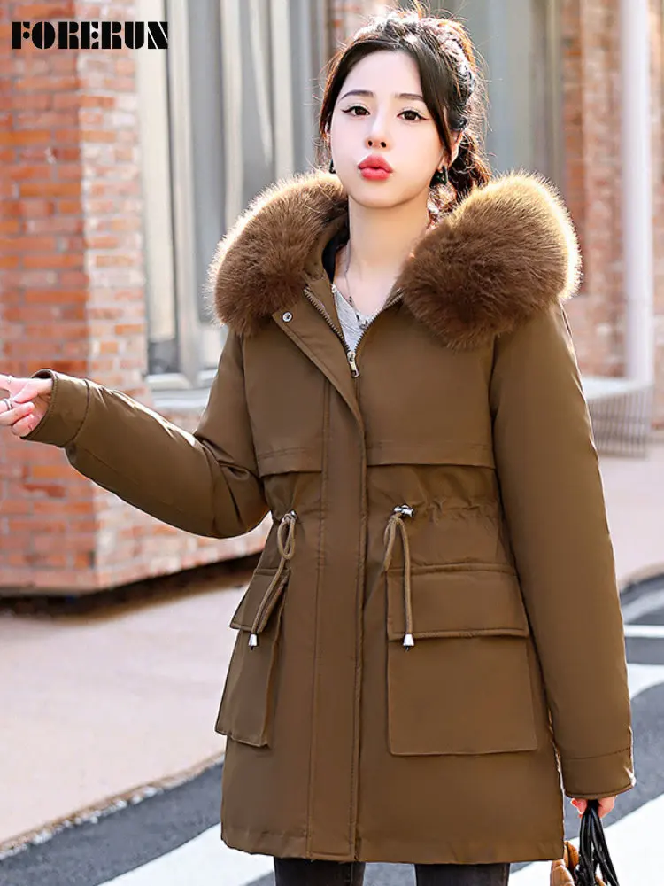 

FORERUN Parkas Women Winter 2022 Big Fur Hooded Cotton Padded Warm Coat Removal Solid Thermal Female Chaqueta Mujer Invierno