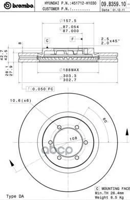 Диск Тормозной Hyundai: Terracan 2.5 D/2.5 Td/2.9 Crdi 4wd/3.5 I V6 4wd 01 06 Brembo арт. 09B35910|Детали оси| |