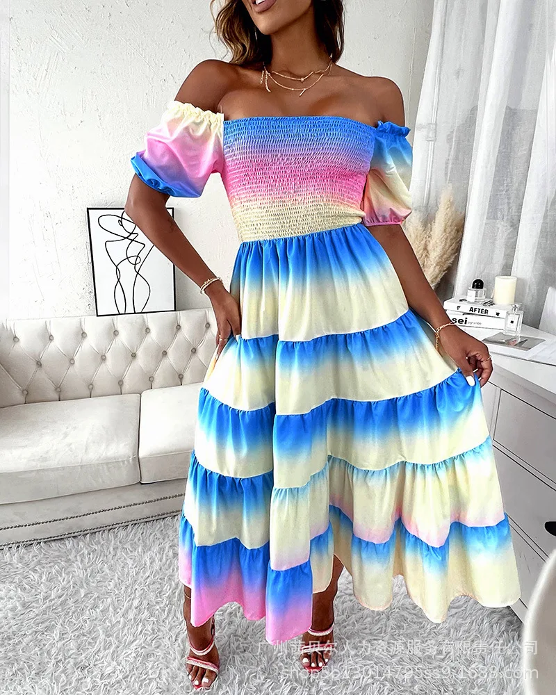 

2022 Spring Shirred Maxi Dress New Style Women Long Sleeve Summer Ombre Frill Hem Off Shoulder Tied Fitted Waist Shirt Dress