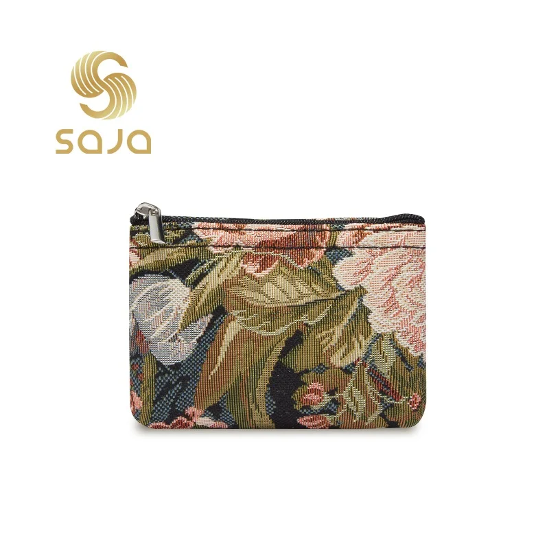 

SAJA Small Key Wallet Coin Purse Mini Women's Wallet Peony Floral Flower Vintage Tapestry Bag Pouch Credit Card For Girl Ladies