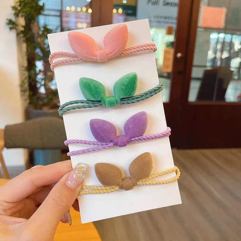 

Korea Cute Flocking Candy Color Bow Elastic Hair Band For Girl Simple Rabbit Ear Solid Hair Tie Scrunchie Headwear