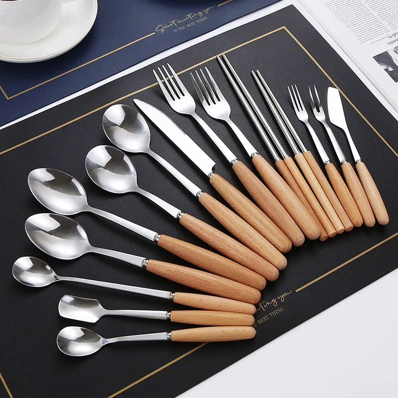 

Japanese Beech Handle Tableware Stainless Steel Steak Knife, Fork and Spoon Chopsticks Household Eating Spoon