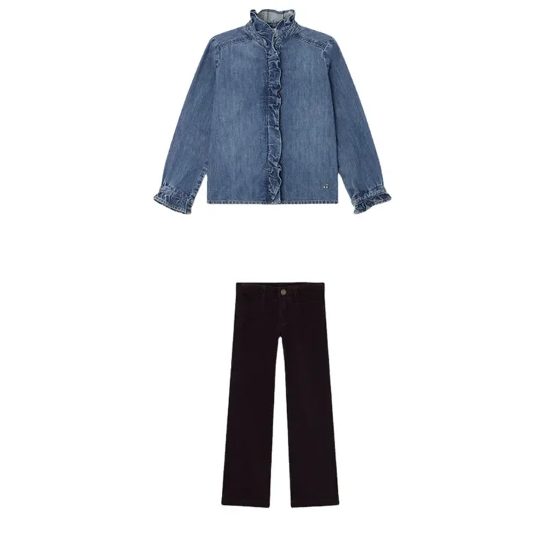 Spot 23 Autumn/Winter Girls' Solid Lace Neck Denim Shirt Top Corduroy Flare Pants Wide Leg Pants
Spot 23 Autumn/Winter Girls' Solid Lace Neck Denim Shirt Top Corduroy Flare Pants Wide Leg Pants