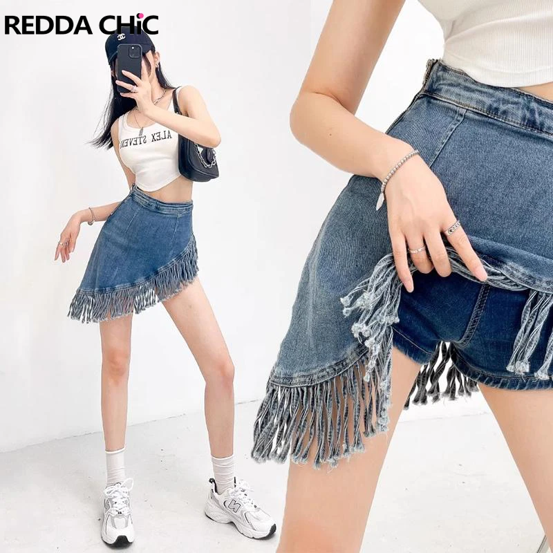 

REDDACHiC Vintage Tassel Denim Mini Skirt Summer New High Rise A-line Blue Jean Skorts Built-in Shorts Bottoms Korean Streetwear