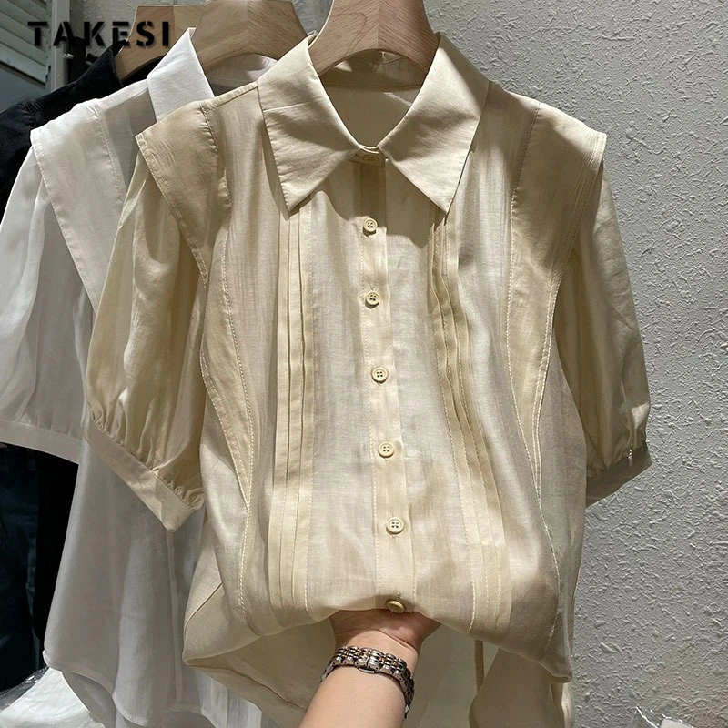 

Женская шифоновая блузка в японском стиле, винтажная элегантная повседневная Тонкая блузка с отложным воротником и длинным рукавом, в стиле ретро, в стиле пэчворк, лето 2023