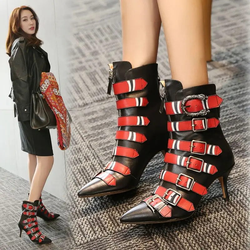 European and American pointed toe color matching high-heeled metal lace stiletto leather Martin boots large size women's boots
European and American pointed toe color matching high-heeled metal lace stiletto leather Martin boots large size women's boots