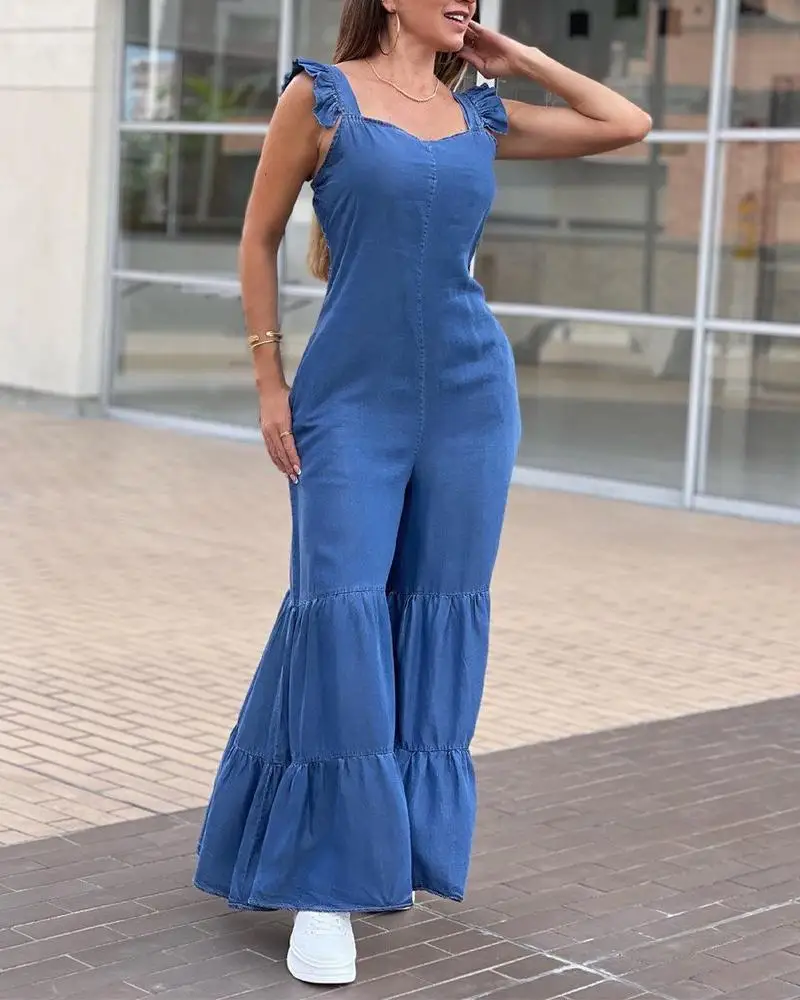 

Sleeveless Frill Hem Shirred Flared Leg Jumpsuit Women Spring Summer High Waist Solid Color Overall Pants Jumpsuits