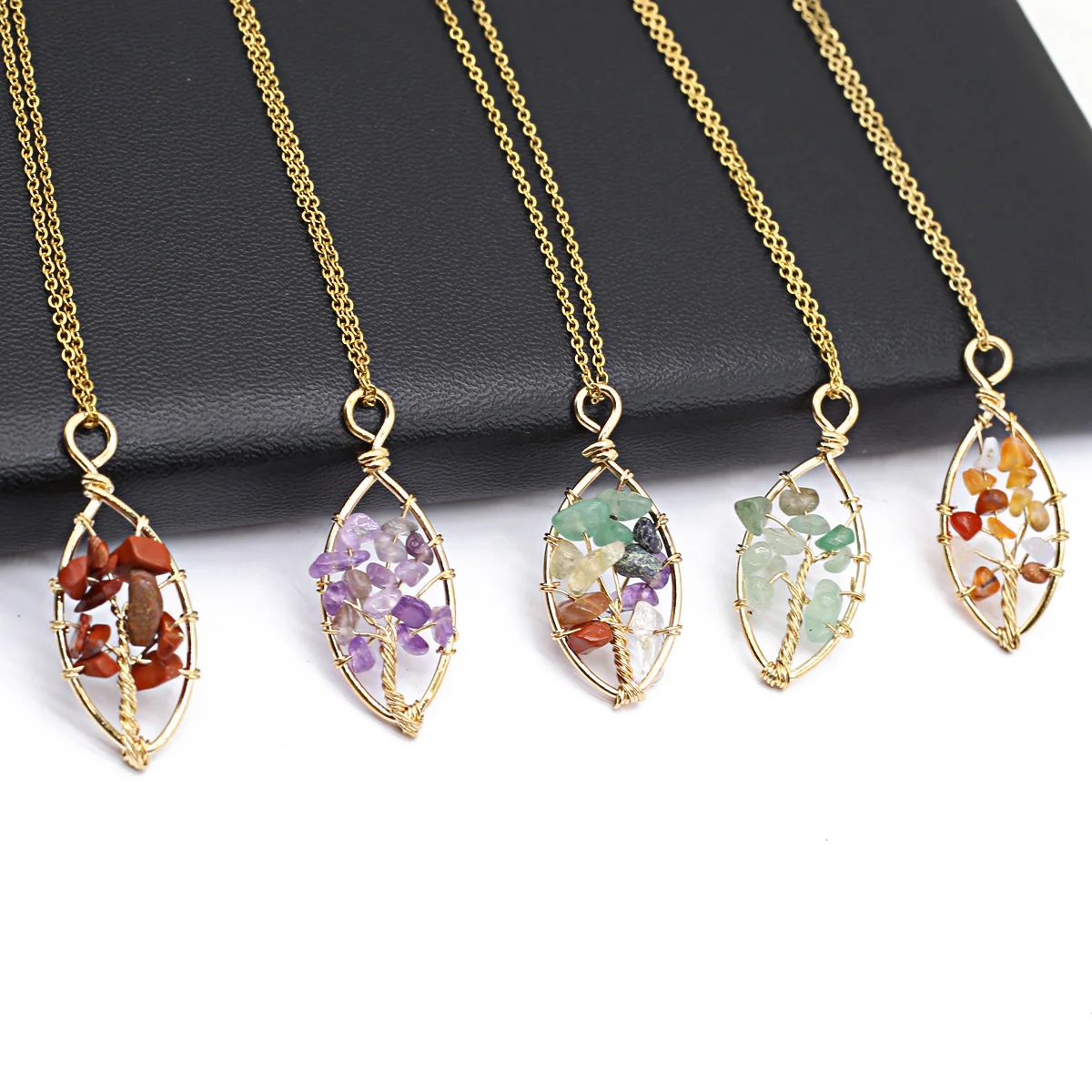 

Natural Semiprecious Stone Hand Wrapped Crushed Stone Life Tree Leaf Shape Pendant Necklace Spiritual Healing Jewelry Gift