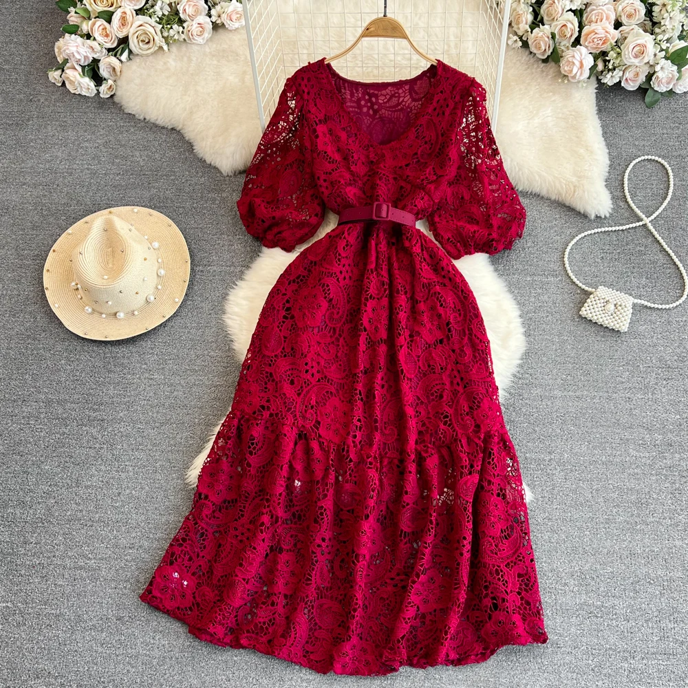 

2023 New Summer Women V-Neck Puff Sleeve Belt Slim Long Dress High Quality Retro Crochet Hollow-out Water-soluble Lace Dress