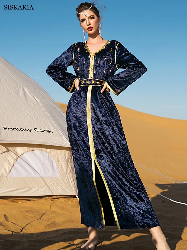 Moroccan Caftan Velvet Maxi Dress for Women Luruxy Gold Tape Trim Hand Sew Rhinestones Ethnic Robe Navy Blue Autumn Winter 2022
Moroccan Caftan Velvet Maxi Dress for Women Luruxy Gold Tape Trim Hand Sew Rhinestones Ethnic Robe Navy Blue Autumn Winter 2022