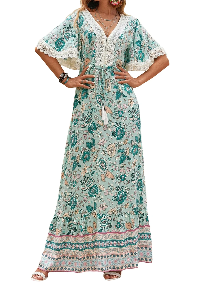 

Женское Цветочное платье с бахромой, винтажное кружевное пляжное платье с коротким рукавом и V-образным вырезом в богемном стиле, уличная одежда на лето