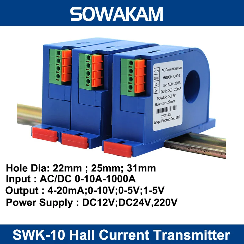 

SWK-10 AC Electric Current Sensor Transmitter 10A 20A 50A 600A 1000A Input 0-10V 4-20mA RS485 Transducer Converter DC24V Power