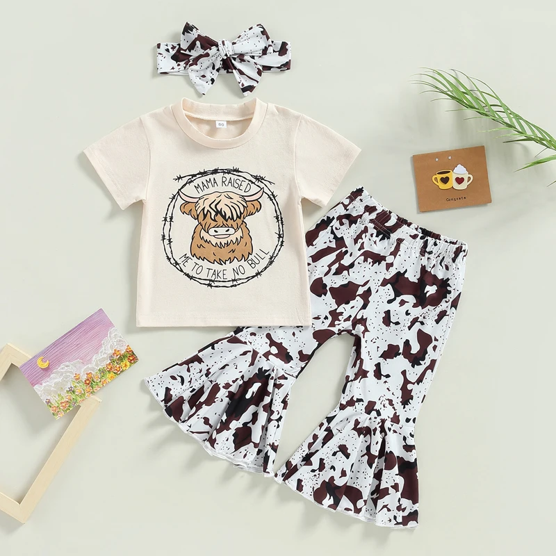 

2023-01-08 Lioraitiin 0-4Years Toddler Girls 3Pcs Outfit Sets Short Sleeve Cattle Head Print Tops Cow Print Flared Pant Headband