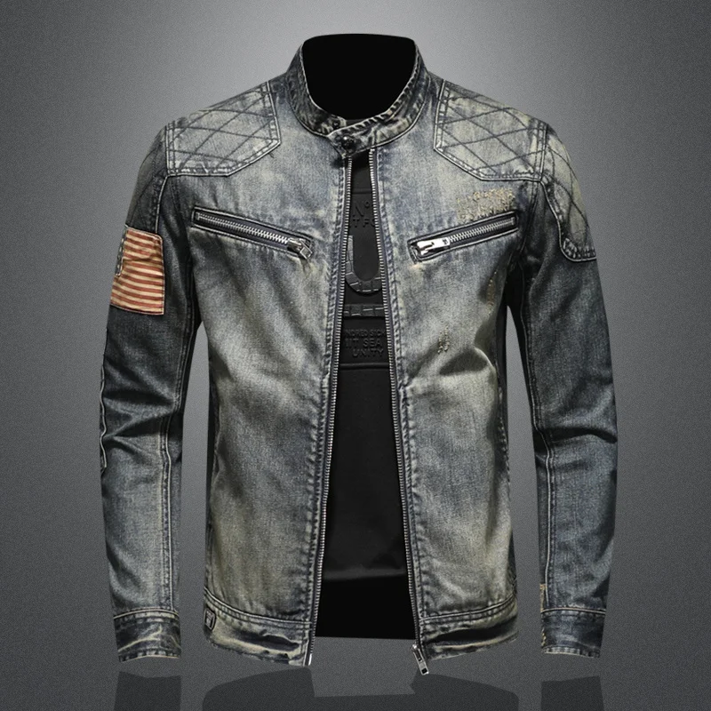 Motorcycle Denim Jacket Men US Flag Patch Coat Stand Collar Embroidery Jeans Casual Outwear Drop Shipping
Motorcycle Denim Jacket Men US Flag Patch Coat Stand Collar Embroidery Jeans Casual Outwear Drop Shipping