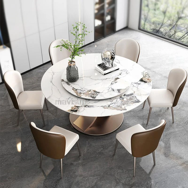 

Turntable Round Dining Tables Rotating With Chairs Luxury White Food Table Made Of Marble Modern Kitchen Furniture Set