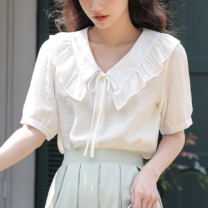 Summer Women's Short Sleeve Ruffle Collar French Bubble Sleeve Solid Color Lace Up Versatile Chiffon Shirt Camisas De Mujer A16 
Summer Women's Short Sleeve Ruffle Collar French Bubble Sleeve Solid Color Lace Up Versatile Chiffon Shirt Camisas De Mujer A16