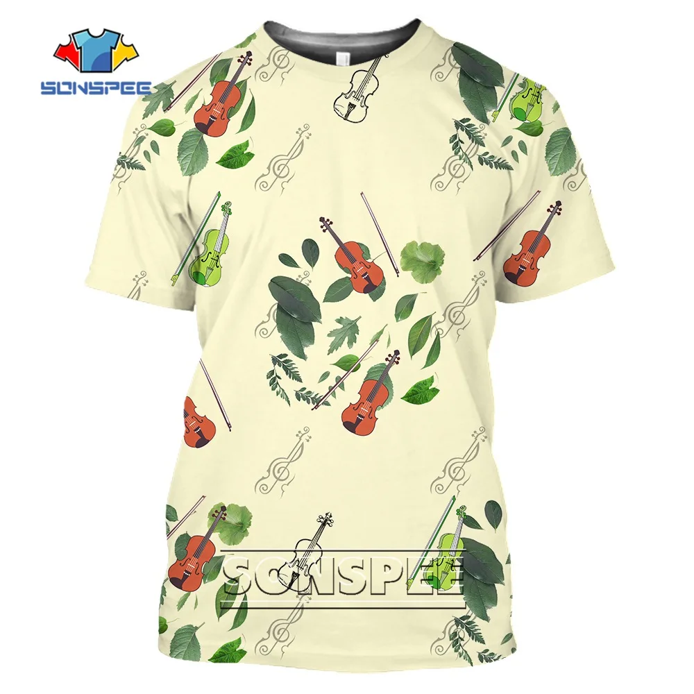 

SONSPEE Leaf Musical Instrument Violin Fun Graphic Print T-shirt Male New Arrival Street Fashion Trend All-match Short Sleeved