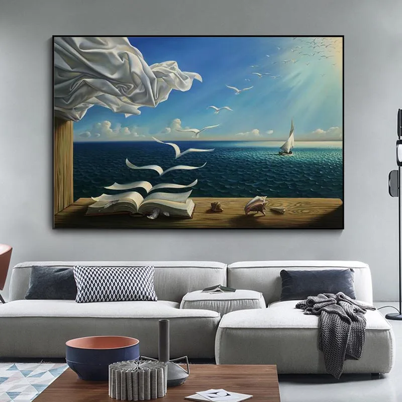 

Salvador Dali Oil Painting The Waves Book Sailboat Wall Paintings On Canvas Surrealism Art Posters and Prints Wall Art Pictures