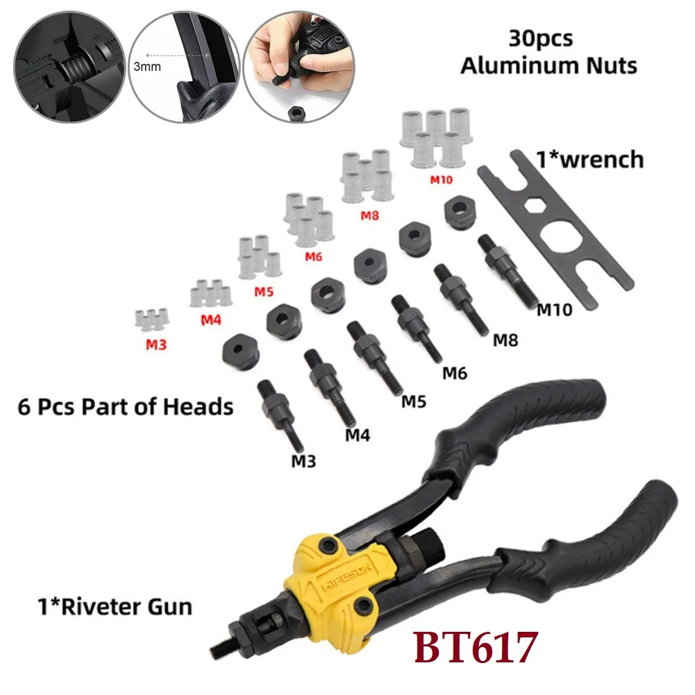 BT-617 Riveter Gun Tool Hand Riveter Interchangeable Mandrel Insert Threaded Nut Rivet Drilling Rivet Tool M3-M10 Spare Part
BT-617 Riveter Gun Tool Hand Riveter Interchangeable Mandrel Insert Threaded Nut Rivet Drilling Rivet Tool M3-M10 Spare Part