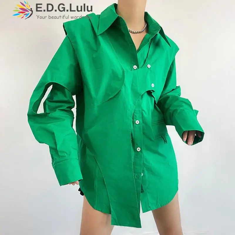 EDGLuLu Fashion Green Shirt Women'S Blouse Chic Design Long Sleeves Single Breasted Shirt+Irregular Vest Femmes Shirts 0816
EDGLuLu Fashion Green Shirt Women'S Blouse Chic Design Long Sleeves Single Breasted Shirt+Irregular Vest Femmes Shirts 0816