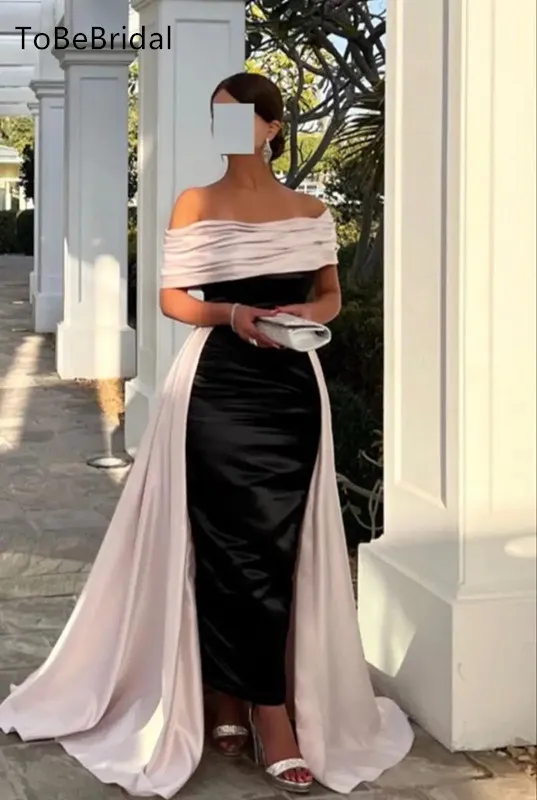 

Off Shoulder Formal Prom Dress Black and White Satin Face Saudi Arabian Women's Detachable hemline Party Dress Vestidos De Noche