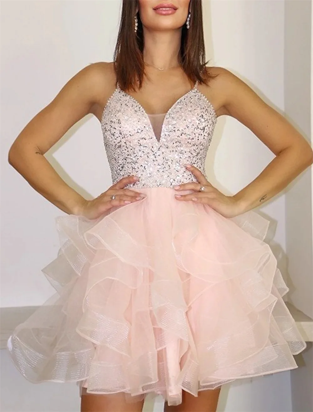 

A-Line Cocktail Dresses Puffy Dress Homecoming Short Mini V Neck Sleeveless Tulle with Crystals 2022 robes de soirée