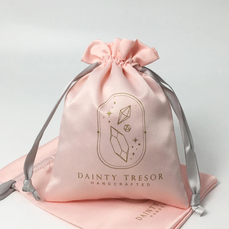 

Оптовая продажа, розовые шелковые атласные мешочки для ювелирных изделий, сумка на шнурке с лентой для блеска для губ, косметическое хранение, индивидуальные праздничная подарочная упаковка сумки