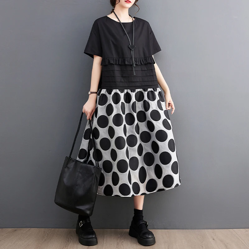 Patchwork Lace Dress Black Vintage Polka Dot Dresses For Women Short Sleeve Loose Casual Dress Fashion Clothing Spring Summer 
Patchwork Lace Dress Black Vintage Polka Dot Dresses For Women Short Sleeve Loose Casual Dress Fashion Clothing Spring Summer