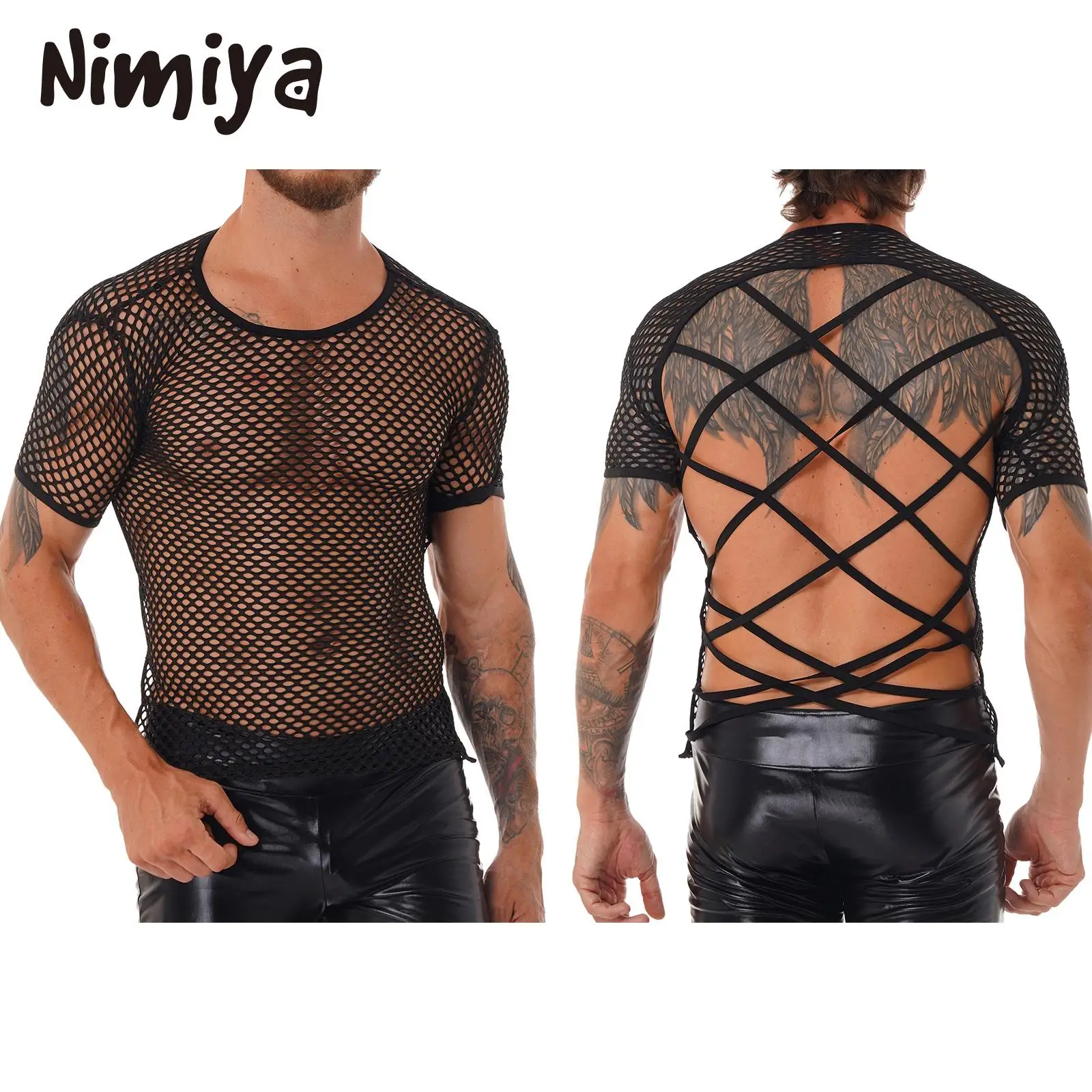 

Nimiya Mens Black Fishnet Round Neck Short Sleeve T-shirts Hollow Out Crisscross Back Tops for Night Club Performance Costumes