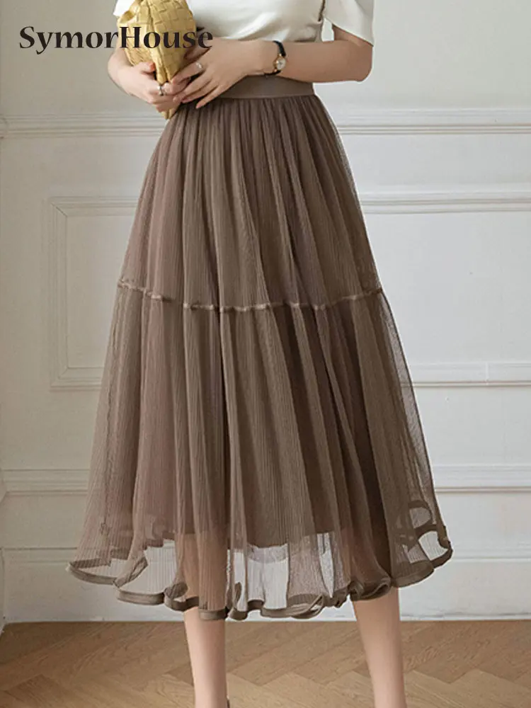 

Женская винтажная плиссированная юбка, элегантная сетчатая юбка-пачка из тюля с высокой талией и эластичным поясом, а-силуэт, лето-осень 2023