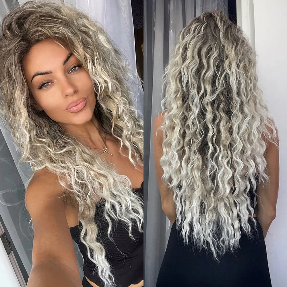 

Ash Blonde Wig Synthetic Long Curly Hair Wigs for Women Fluffy Hairstyle Wave Ombre Wig Costume Carnival Party Regular Curly Wig