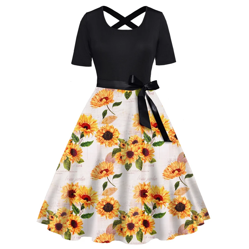 

Dressfo Plus Size Dress Leaf Sunflower Print Crossover Back Bowknot Belted High Waisted A Line Midi Dresses Vestidos