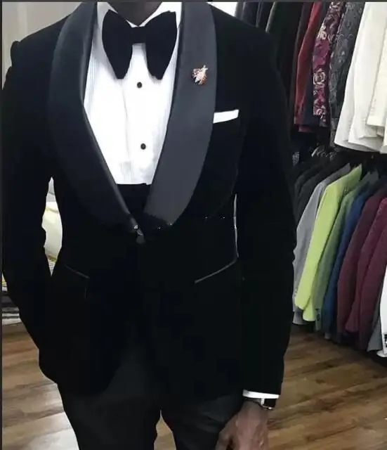 New Popular One Button Black Velour Wedding Groom Tuxedos Shawl Lapel Groomsmen Men Formal Prom Suits (Jacket+Pants+Vest)
New Popular One Button Black Velour Wedding Groom Tuxedos Shawl Lapel Groomsmen Men Formal Prom Suits (Jacket+Pants+Vest)
