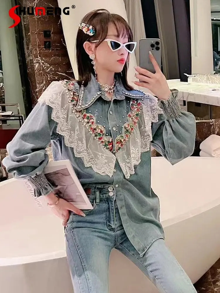 Denim Shirt for Women 2023 Spring New Korean Style Sweet Heavy Industry Colorful Crystals Ruffled Slimming Patchwork Tops
Denim Shirt for Women 2023 Spring New Korean Style Sweet Heavy Industry Colorful Crystals Ruffled Slimming Patchwork Tops
