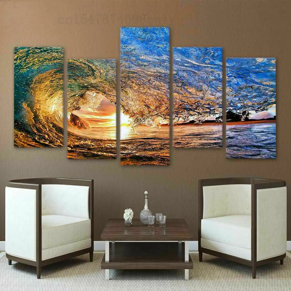 

Nature Sunset Sea Waves Ocean View Canvas Print Painting Wall Art Home Decor 5 Panel HD Print No Framed Room Decor Pictures