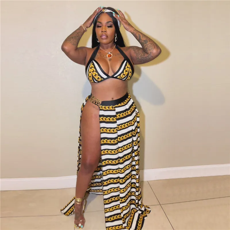 Женский комплект из двух предметов с принтом цепей, юбка-макси и бюстгальтер
Женский комплект из двух предметов с принтом цепей, юбка-макси и бюстгальтер