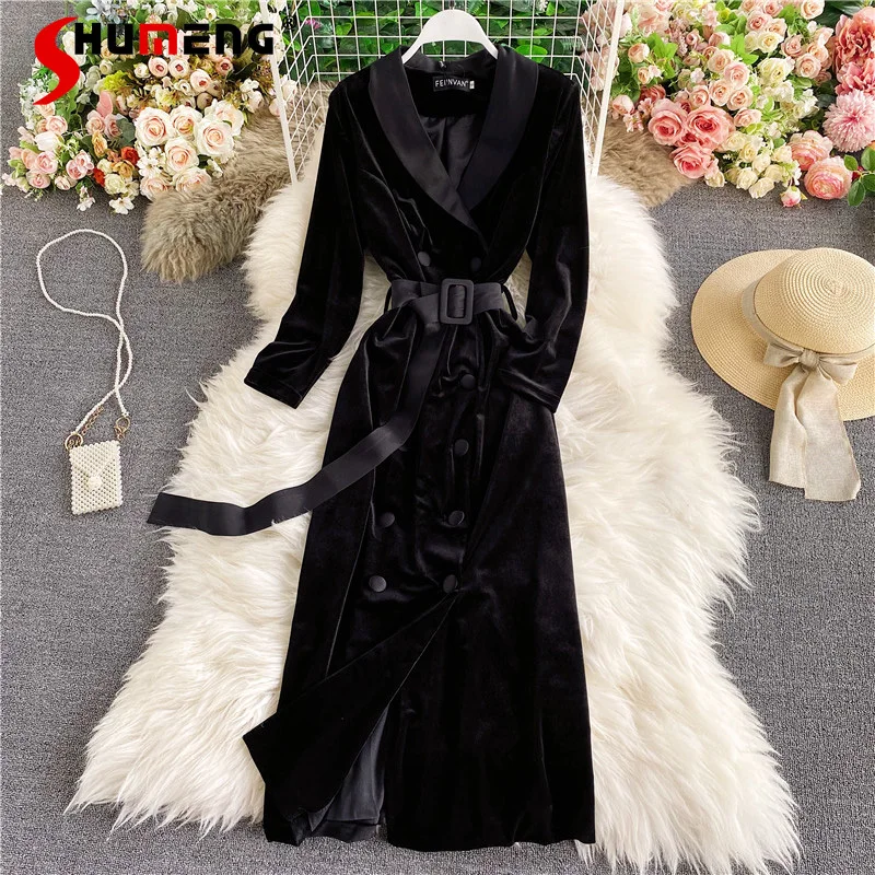 2022 Autumn and Winter New Korean Tailored Collar Velvet Lace-up Waist-Controlled Slimming Mid-Length Trench Coat Women's Dress
2022 Autumn and Winter New Korean Tailored Collar Velvet Lace-up Waist-Controlled Slimming Mid-Length Trench Coat Women's Dress