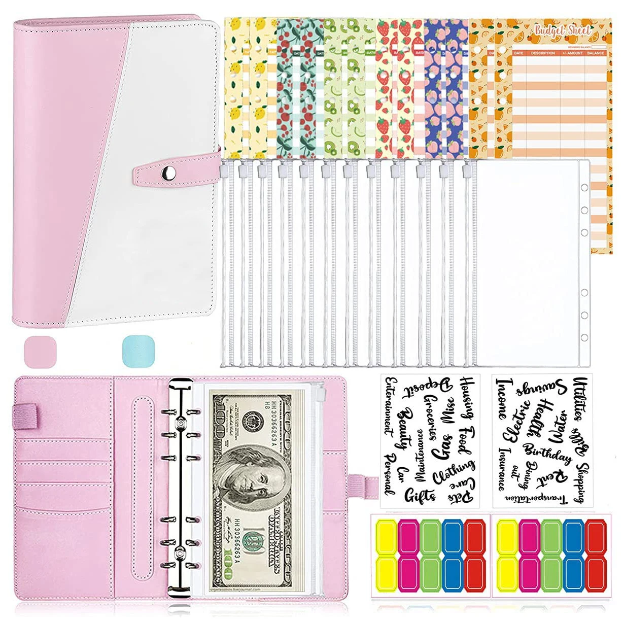 29 Pieces A6 Budget Binder Cash Envelopes,with Binder Pockets, Expense Budget Sheets,Labels Stickers for Budget Saving Planner
29 Pieces A6 Budget Binder Cash Envelopes,with Binder Pockets, Expense Budget Sheets,Labels Stickers for Budget Saving Planner