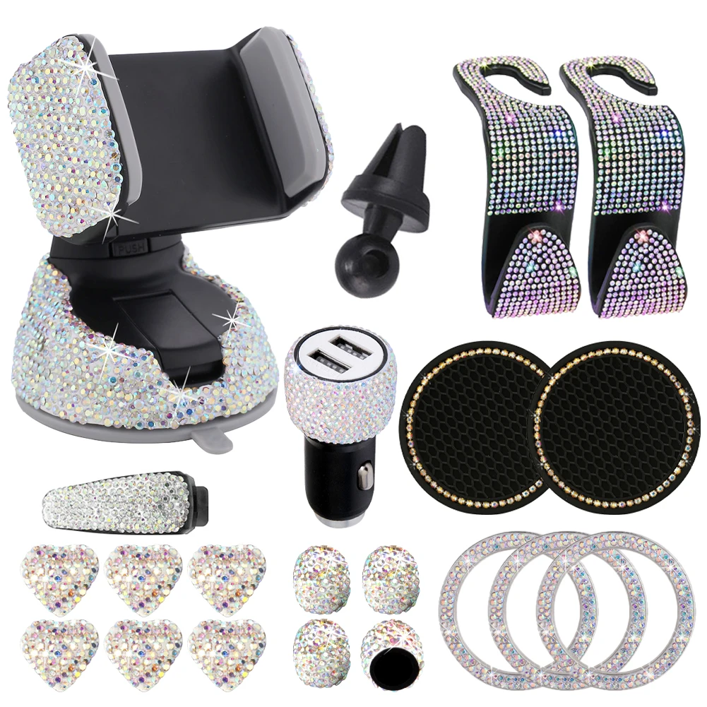 20PCS Bling Car Accessories For Women Rhinestone Kit Dual USB Car Charger Phone Mount Tire Valve Cap Glass Cup Pad Backseat Hook
20PCS Bling Car Accessories For Women Rhinestone Kit Dual USB Car Charger Phone Mount Tire Valve Cap Glass Cup Pad Backseat Hook