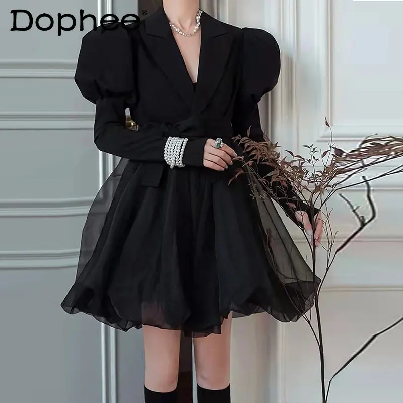 Mesh Stitching Notched Collar Dress for Women Fashion Black Dresses 2023 Spring Long Puff Sleeve Party Birthday Vestidos Belt
Mesh Stitching Notched Collar Dress for Women Fashion Black Dresses 2023 Spring Long Puff Sleeve Party Birthday Vestidos Belt