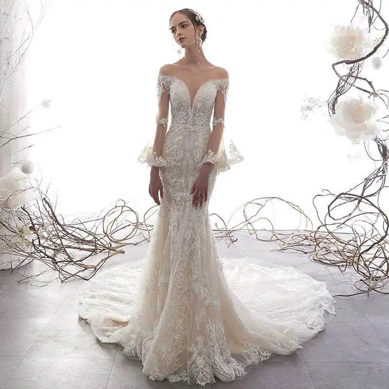 

3410# Luxury Flare Sleeve Mermaid Wedding Dress 2022 Illusion Scoop Neck Appliques Bridal Gown Lace Beading Vestidos De Noiva