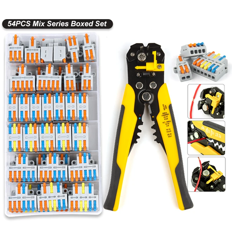 

54PCS Boxed Lever Quick Wire Connector Conductor Multiple Way Splitter Push-in Terminal Block AWG 28-12 with Stripper Pliers Kit