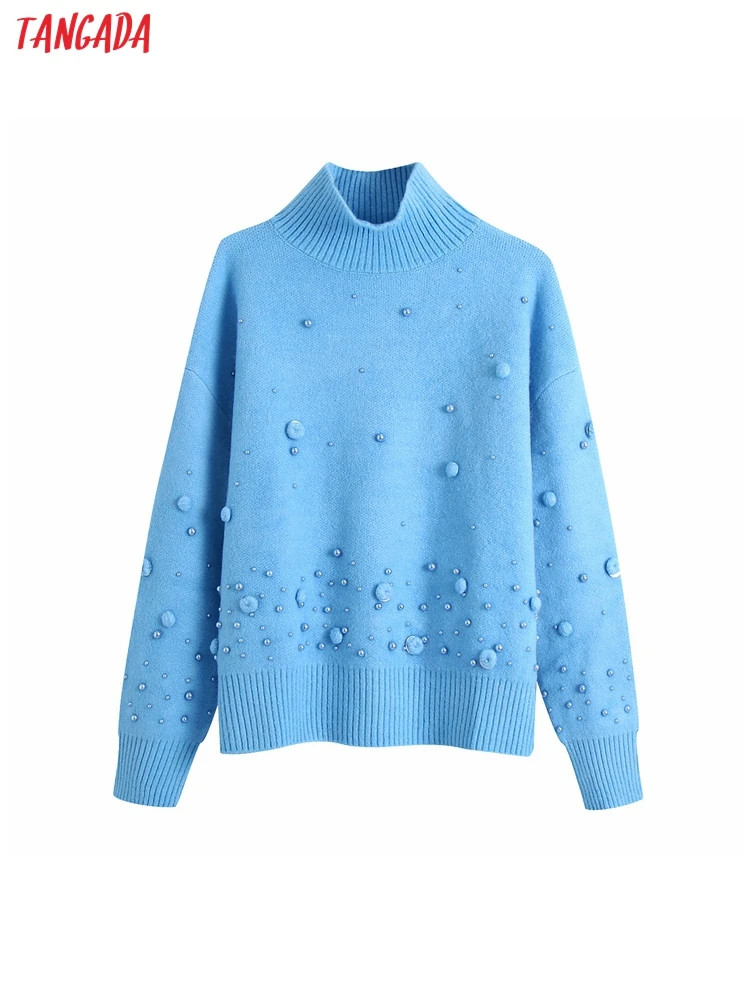 Tangada Women Fashion Pearl Sequin Appliques Loose Knit Sweater Vintage High Neck Long Sleeve Female Pullovers Chic Tops BE207 
Tangada Women Fashion Pearl Sequin Appliques Loose Knit Sweater Vintage High Neck Long Sleeve Female Pullovers Chic Tops BE207